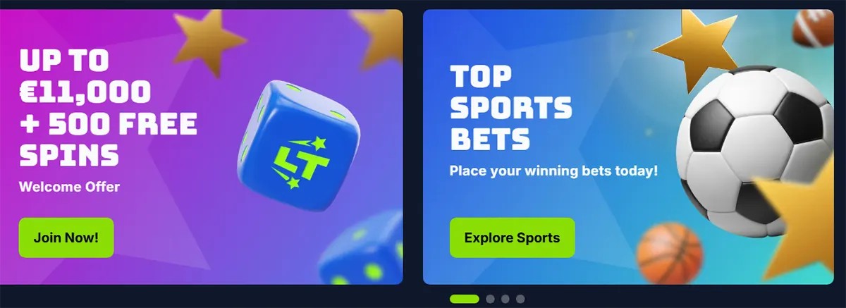 Two promotional casino banners showing a welcome offer of up to €11,000 plus 500 free spins with a “Join Now” button, and a sports betting promotion featuring a football graphic with a “Explore Sports” button on colorful backgrounds.