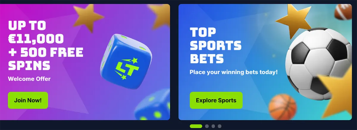 Two promotional casino banners showing a welcome offer of up to €11,000 plus 500 free spins with a “Join Now” button, and a sports betting promotion featuring a football graphic with a “Explore Sports” button on colorful backgrounds.