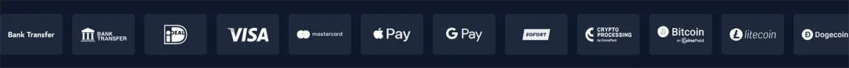 Payment methods bar displaying Bank Transfer, iDEAL, Visa, Mastercard, Apple Pay, Google Pay, Sofort, crypto processing, Bitcoin, Litecoin, and Dogecoin icons on a dark background.