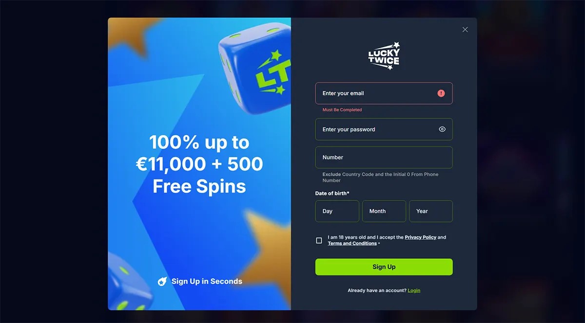 Casino sign-up popup for Lucky Twice showing a 100% bonus up to €11,000 plus 500 free spins, with registration fields for email, password, phone number, date of birth, age confirmation checkbox, and a green “Sign Up” button.