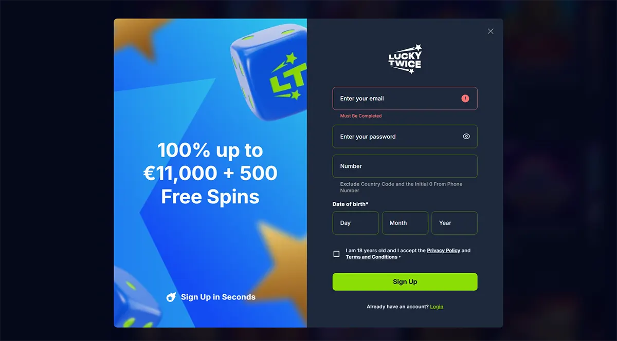 Casino sign-up popup for Lucky Twice showing a 100% bonus up to €11,000 plus 500 free spins, with registration fields for email, password, phone number, date of birth, age confirmation checkbox, and a green “Sign Up” button.